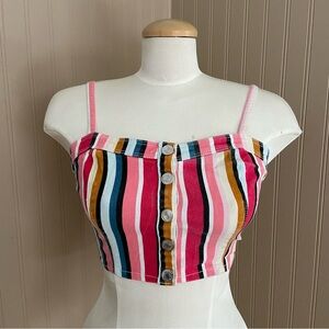 Forever 21 Y2K Style Multicolor Striped Button Front Denim Crop Tank Top Size M